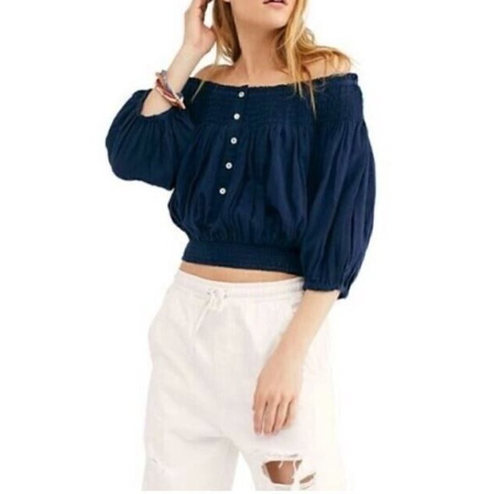 Free People Top Womens Small Dancing Till Dawn Cropped Button Front Blue Boho